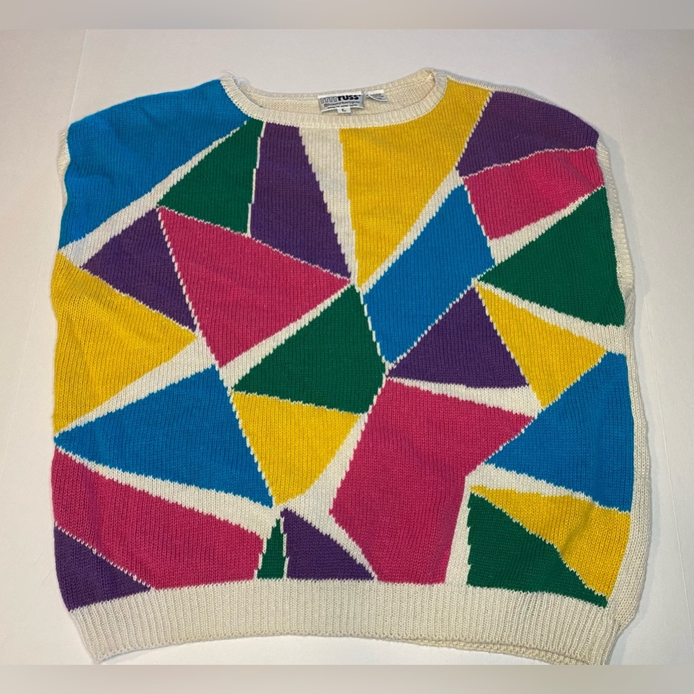 Vintage Rrrrruss Russ togs Pullover Sweater Vest Size L 80’s Colorful Geometric